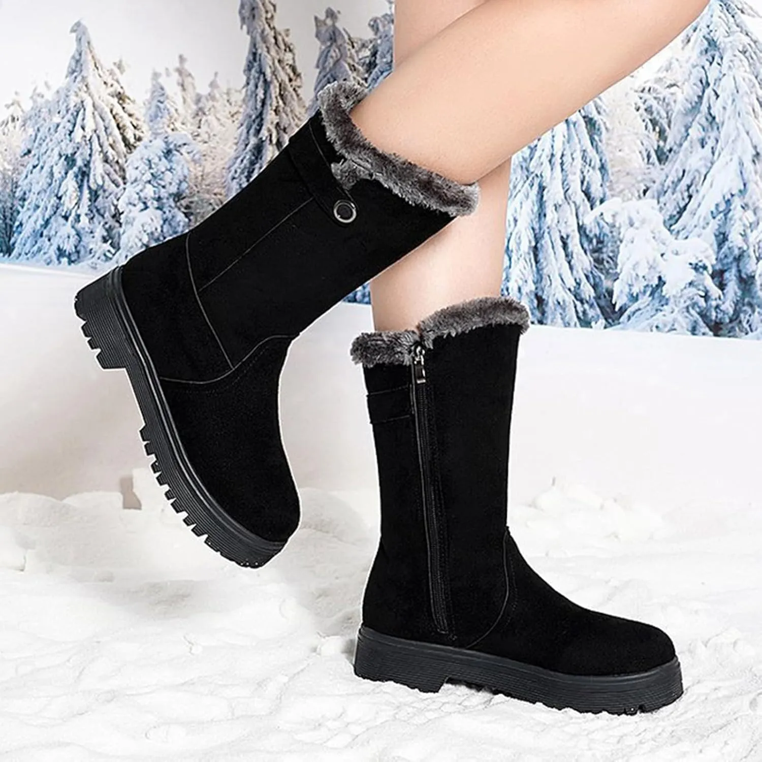 Women's Suede Mid Calf Boots Fleece Lined Warm Snow Boots Non Slip Thick Bottom Winter Boots Cute Fall Boots