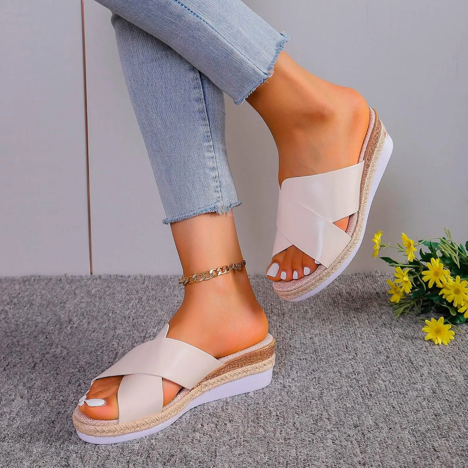 Women‘s Summer Wedge Sandals Arch Support Slides Sandals Breathable Casual Slides Sandals Non Slip Slides Sandals