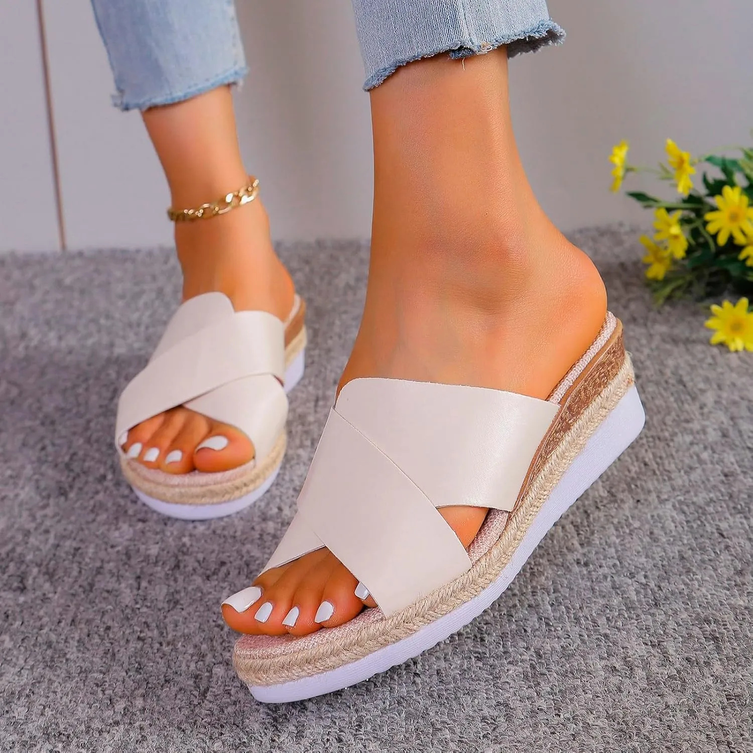 Women‘s Summer Wedge Sandals Arch Support Slides Sandals Breathable Casual Slides Sandals Non Slip Slides Sandals