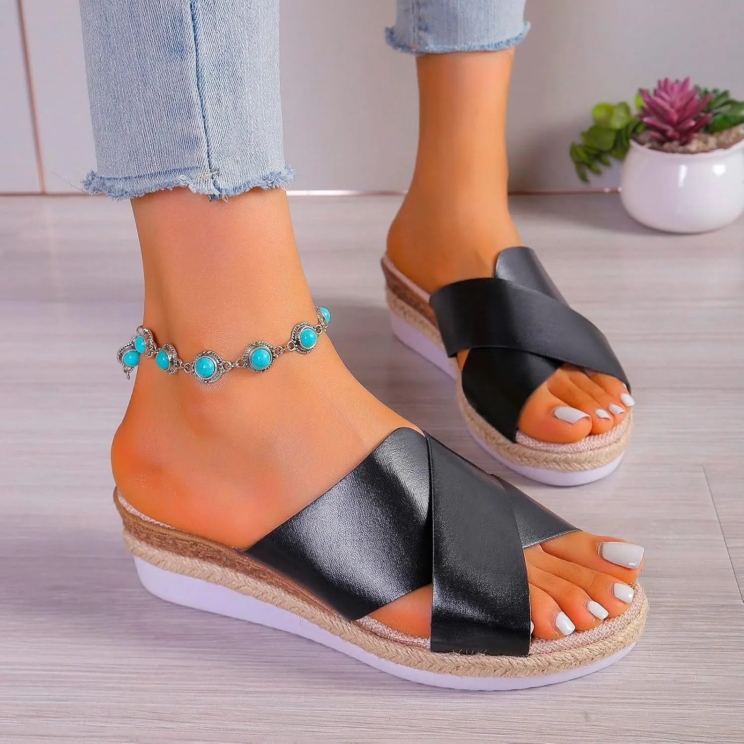 Women‘s Summer Wedge Sandals Arch Support Slides Sandals Breathable Casual Slides Sandals Non Slip Slides Sandals