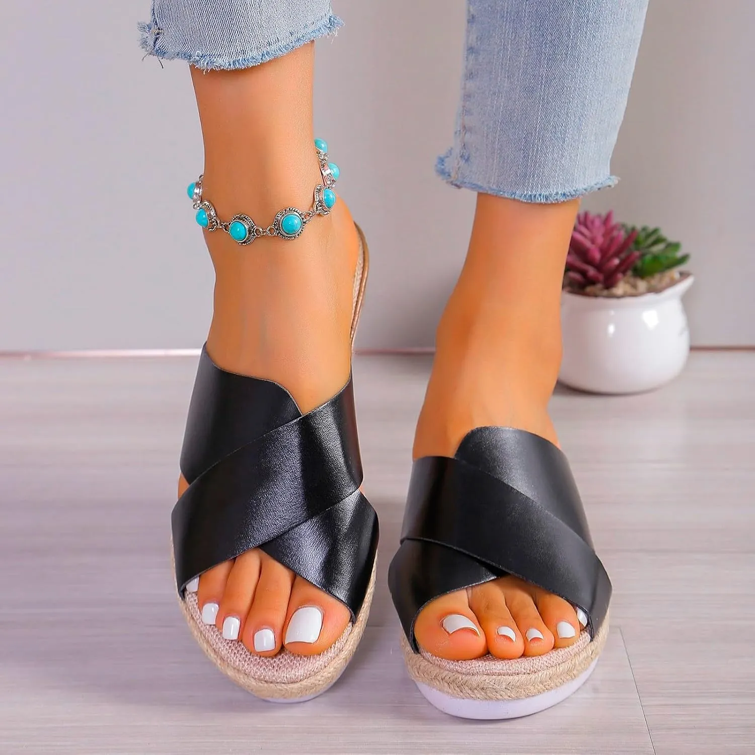 Women‘s Summer Wedge Sandals Arch Support Slides Sandals Breathable Casual Slides Sandals Non Slip Slides Sandals