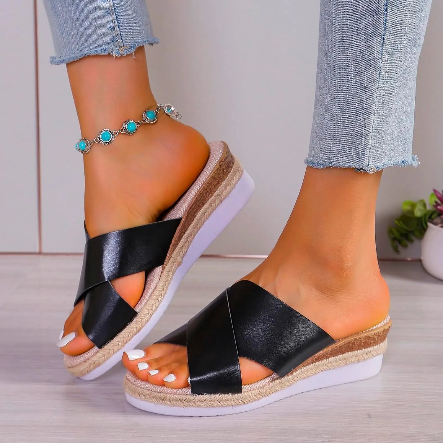 Women‘s Summer Wedge Sandals Arch Support Slides Sandals Breathable Casual Slides Sandals Non Slip Slides Sandals