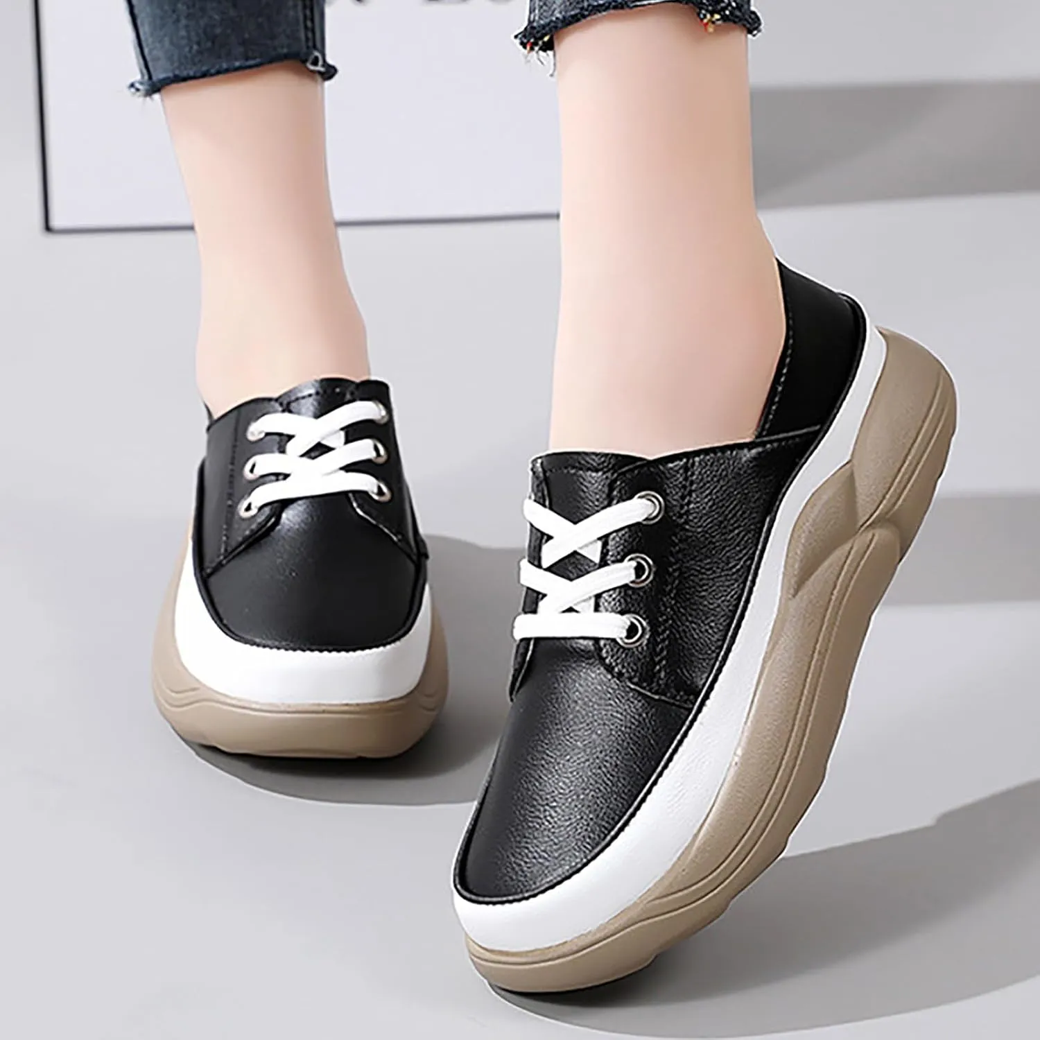 Women's Trendy Heightening Chunky Loafers Fashion Round Toe Slip On Comfort Walking Casual Shoes Floral Heels for Women