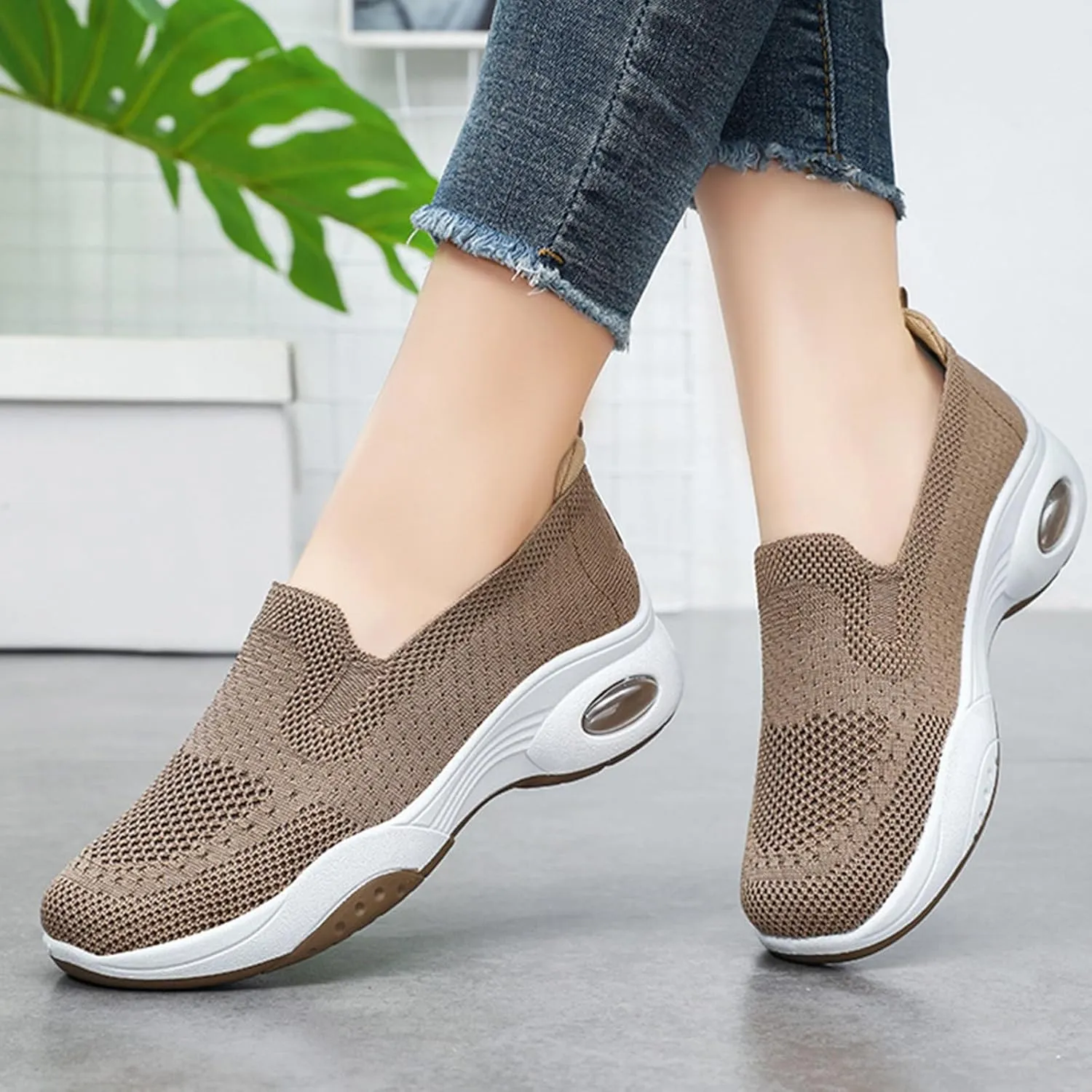 Womens Walking Shoes Summer Breathable Mesh Hollow Out Orthopedic Sneakers Lightweight Comfortable Soft Sole Slip On Platform Sneaker Athletic Air Cushion Sports Shoes Arch Support