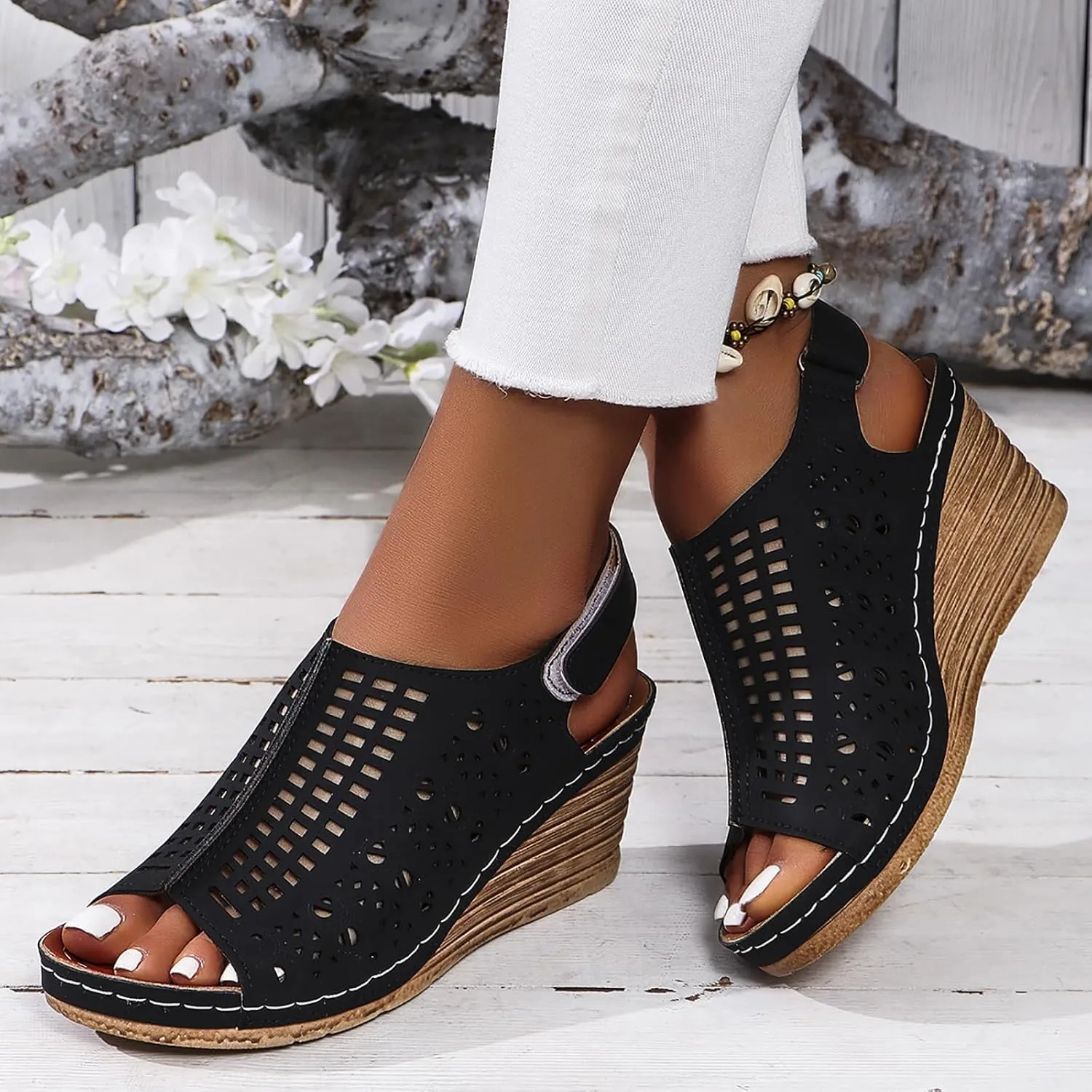 Womens Wedge Sandals Hollow Out Open Toe Platform Wedge Sandals Summer Casual Adjustable Buckle Strap Sandal Beach Slip On Shoes