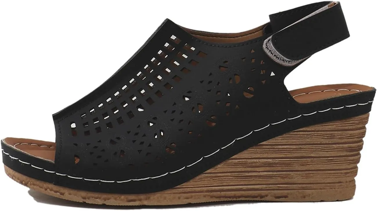 Womens Wedge Sandals Hollow Out Open Toe Platform Wedge Sandals Summer Casual Adjustable Buckle Strap Sandal Beach Slip On Shoes