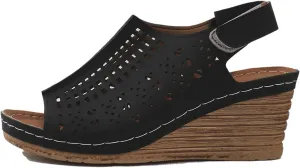 Womens Wedge Sandals Hollow Out Open Toe Platform Wedge Sandals Summer Casual Adjustable Buckle Strap Sandal Beach Slip On Shoes