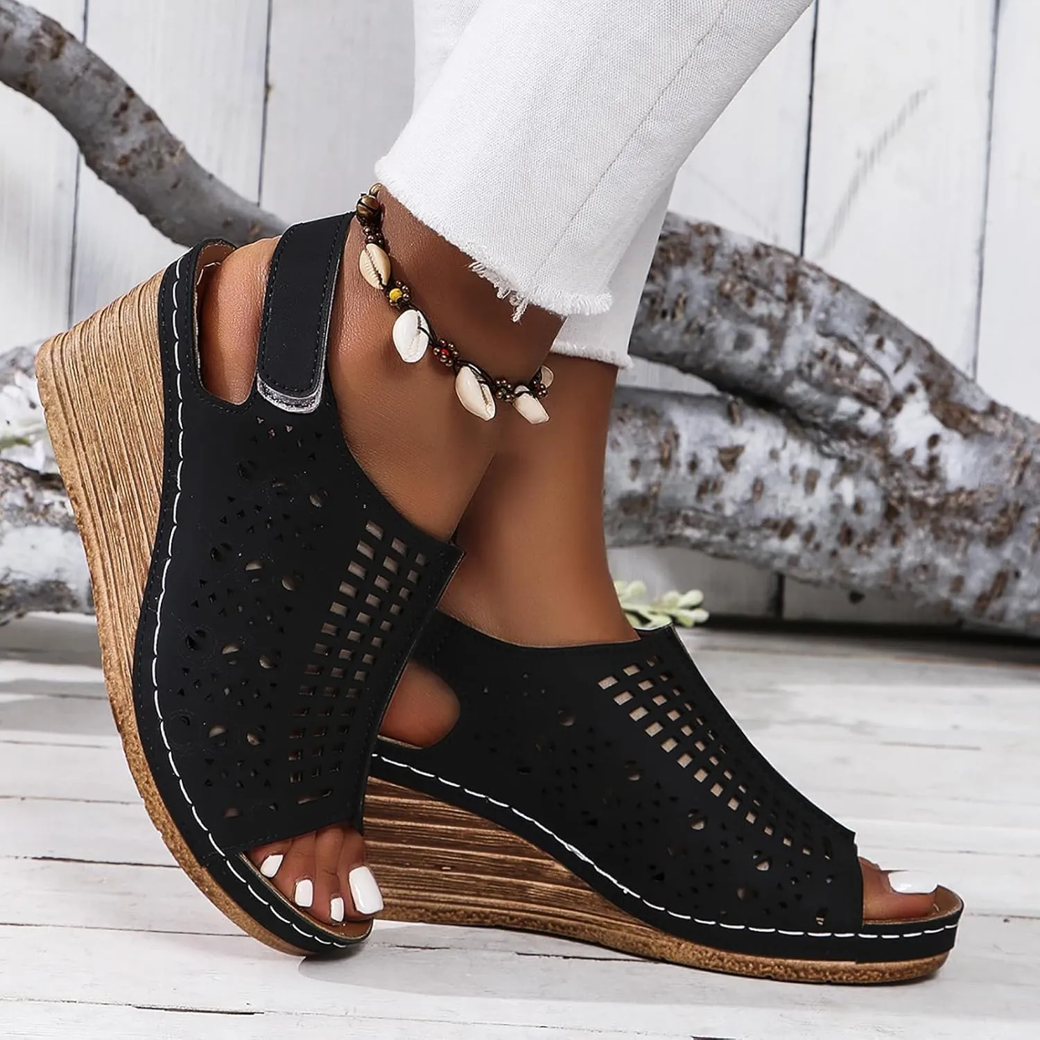 Womens Wedge Sandals Hollow Out Open Toe Platform Wedge Sandals Summer Casual Adjustable Buckle Strap Sandal Beach Slip On Shoes