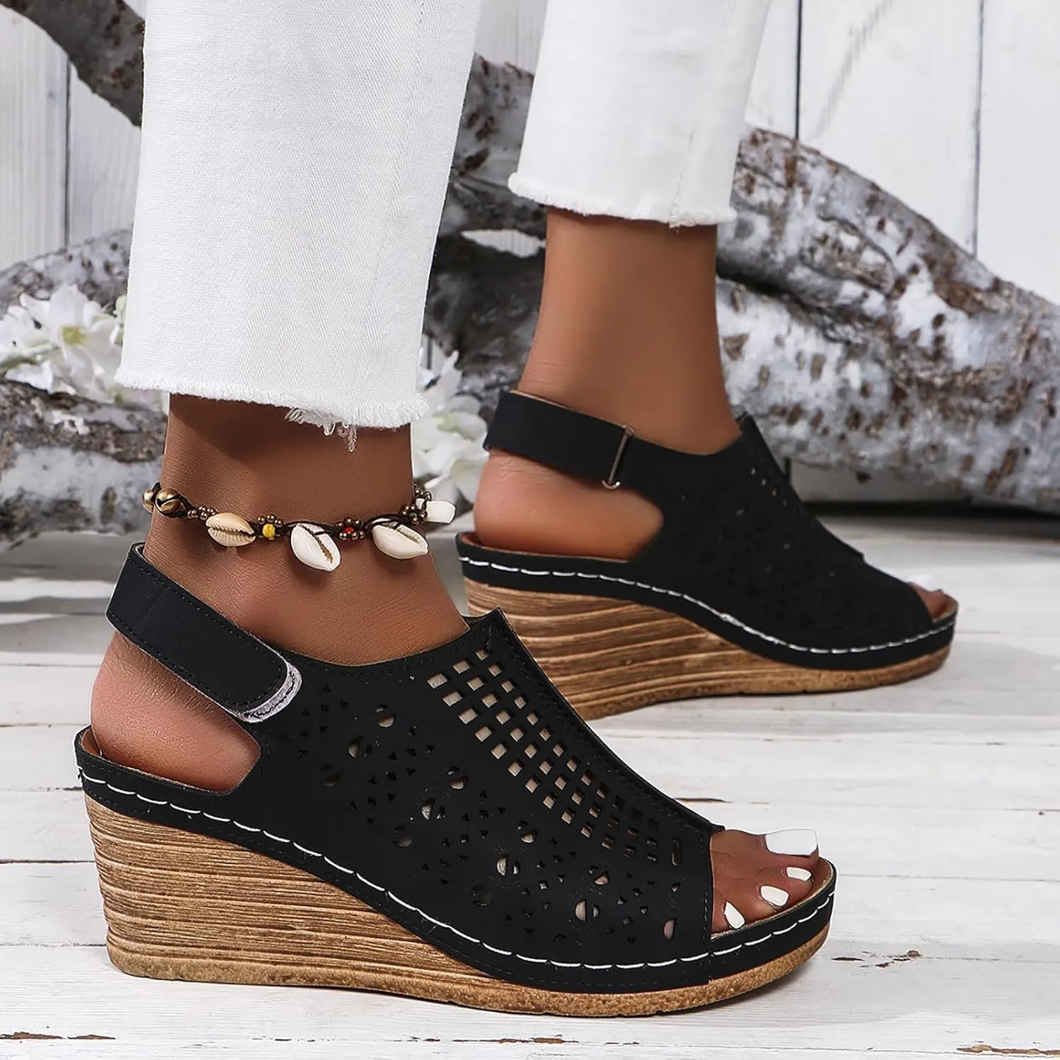 Womens Wedge Sandals Hollow Out Open Toe Platform Wedge Sandals Summer Casual Adjustable Buckle Strap Sandal Beach Slip On Shoes