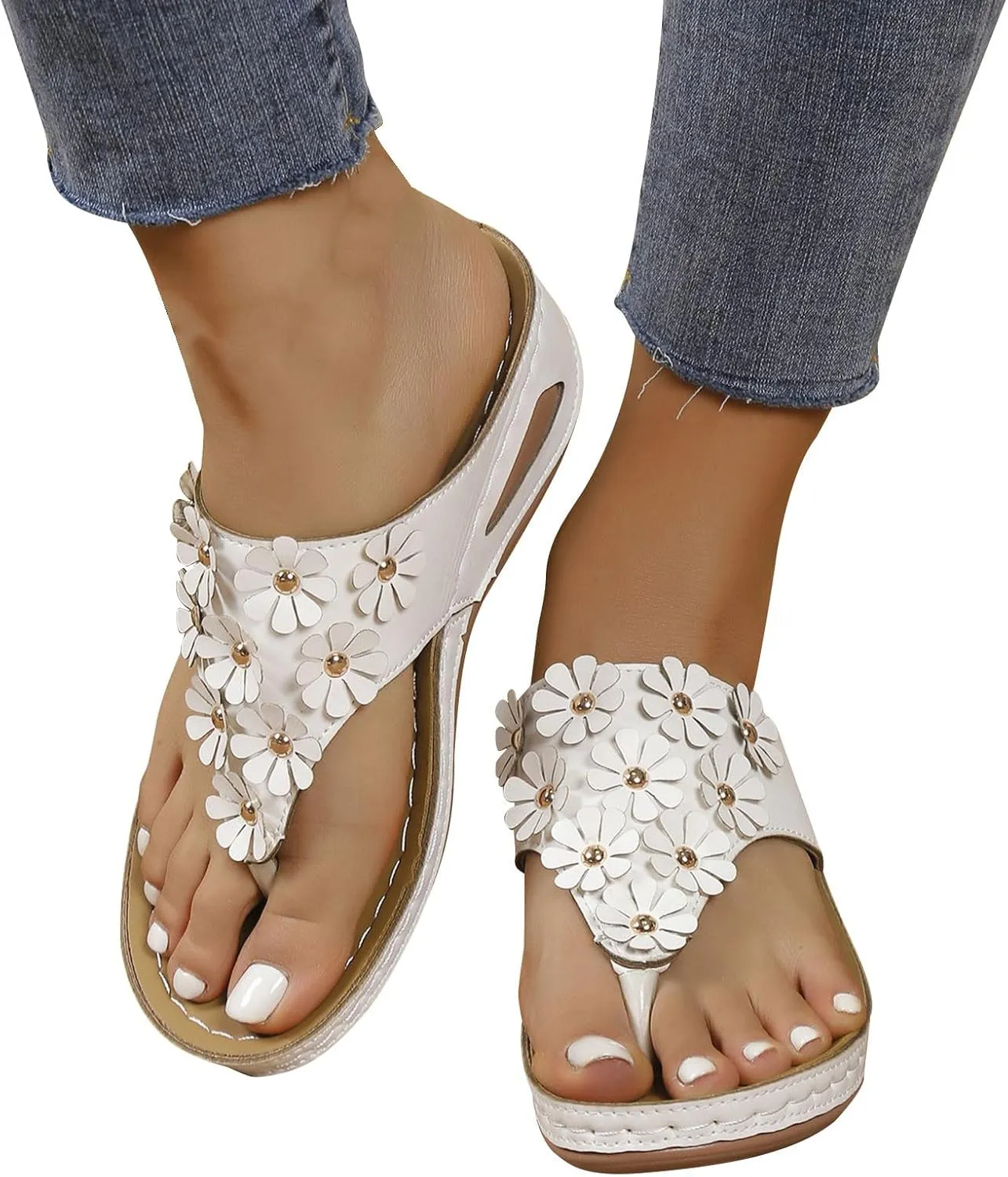 Womens Wedge Sandals Summer Boho Flip Flops Flower Platform Thong Slides Sandal Dressy Wedges Flip-Flop Slippers Beach Shoes