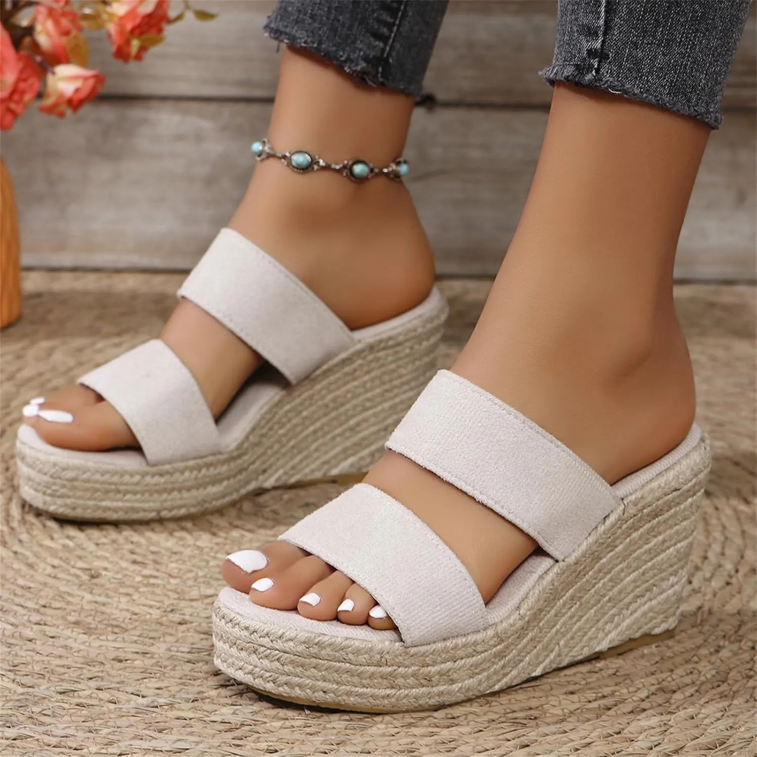 Womens Wedge Sandals Wide Width Platform Espadrille Heels Open Toe Strappy Slip On Casual Summer Slide Shoes Summer Outdoor Beach Sandals