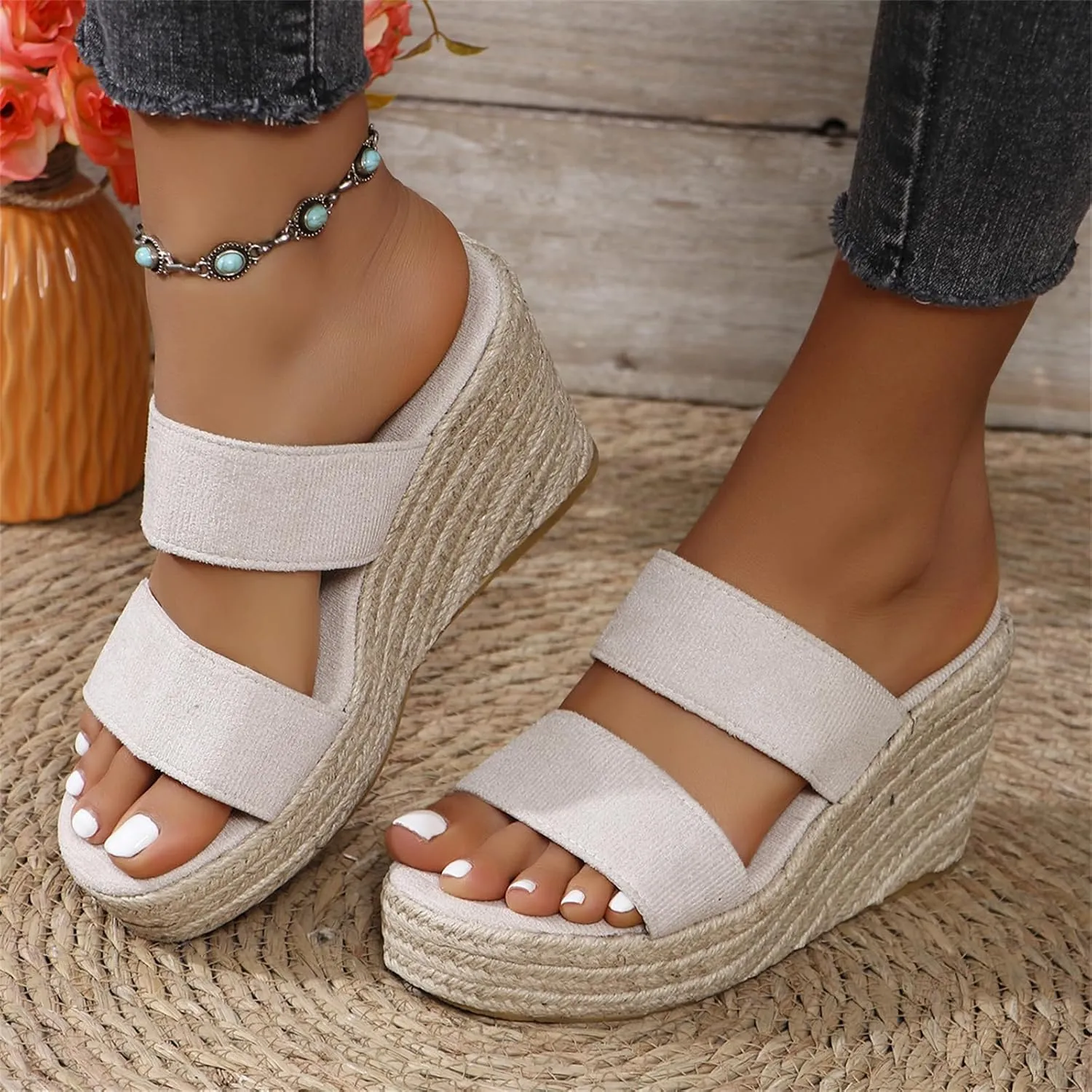 Womens Wedge Sandals Wide Width Platform Espadrille Heels Open Toe Strappy Slip On Casual Summer Slide Shoes Summer Outdoor Beach Sandals