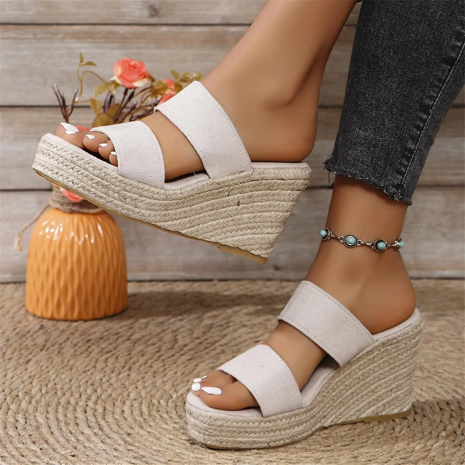 Womens Wedge Sandals Wide Width Platform Espadrille Heels Open Toe Strappy Slip On Casual Summer Slide Shoes Summer Outdoor Beach Sandals