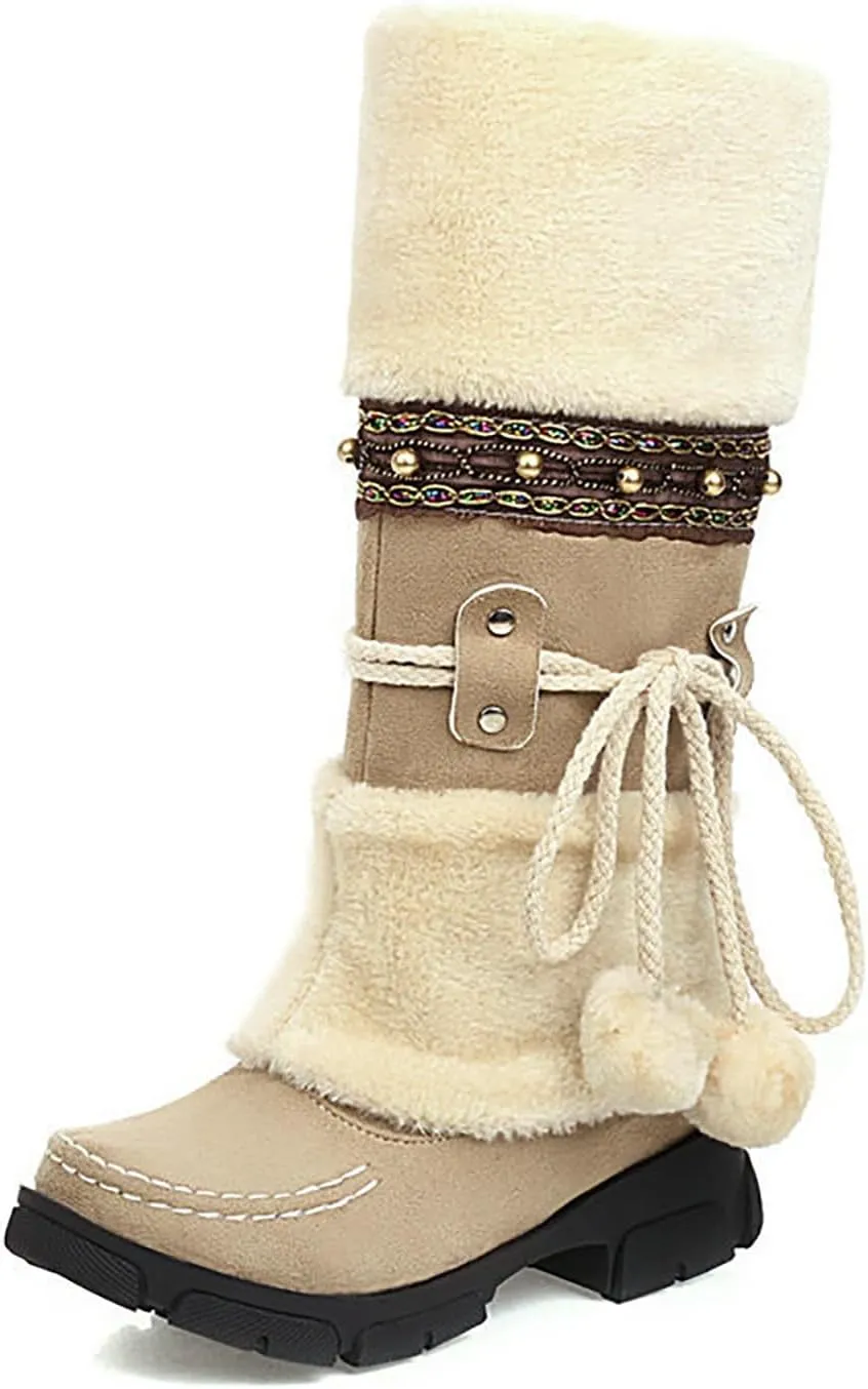 Women's Winter Boots Fleece Lined Warm Snow Boots Middle Heel Non Slip Mid Calf Boots Stylish Winter Boots