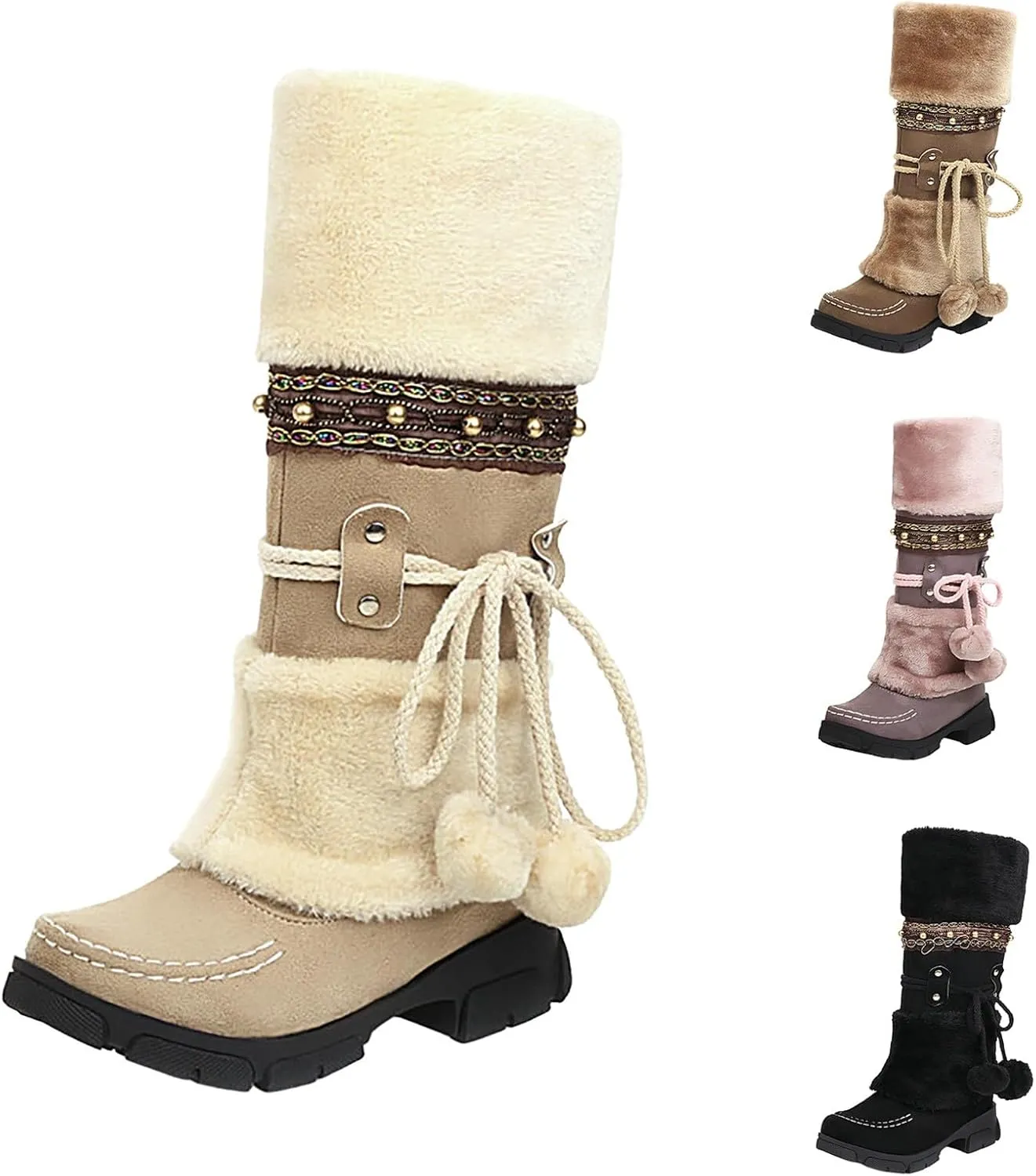 Women's Winter Boots Fleece Lined Warm Snow Boots Middle Heel Non Slip Mid Calf Boots Stylish Winter Boots