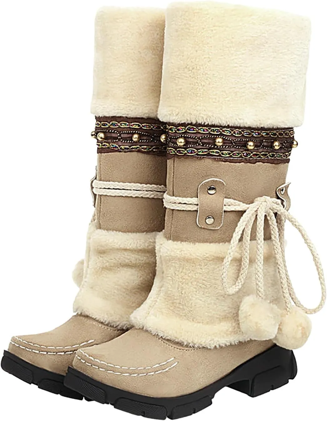 Women's Winter Boots Fleece Lined Warm Snow Boots Middle Heel Non Slip Mid Calf Boots Stylish Winter Boots
