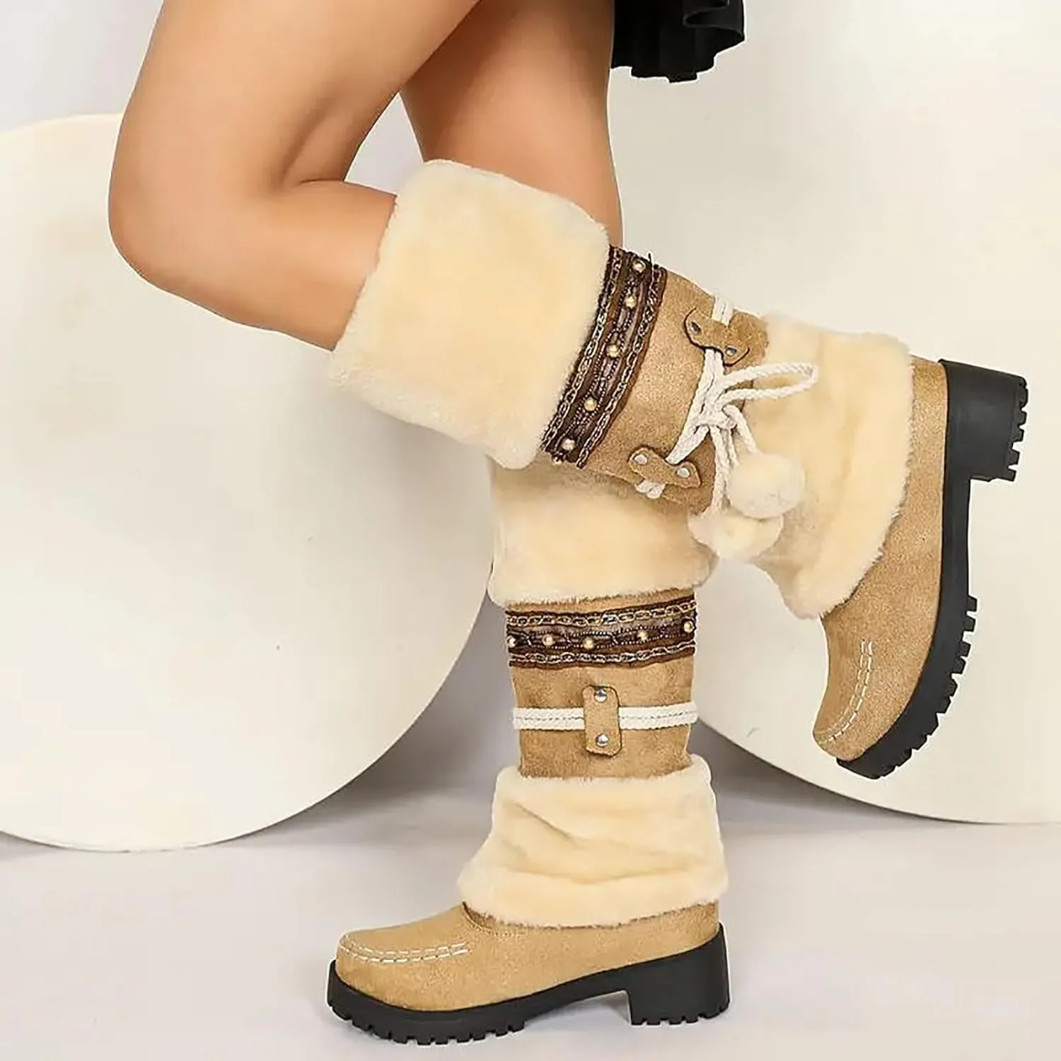 Women's Winter Boots Fleece Lined Warm Snow Boots Middle Heel Non Slip Mid Calf Boots Stylish Winter Boots