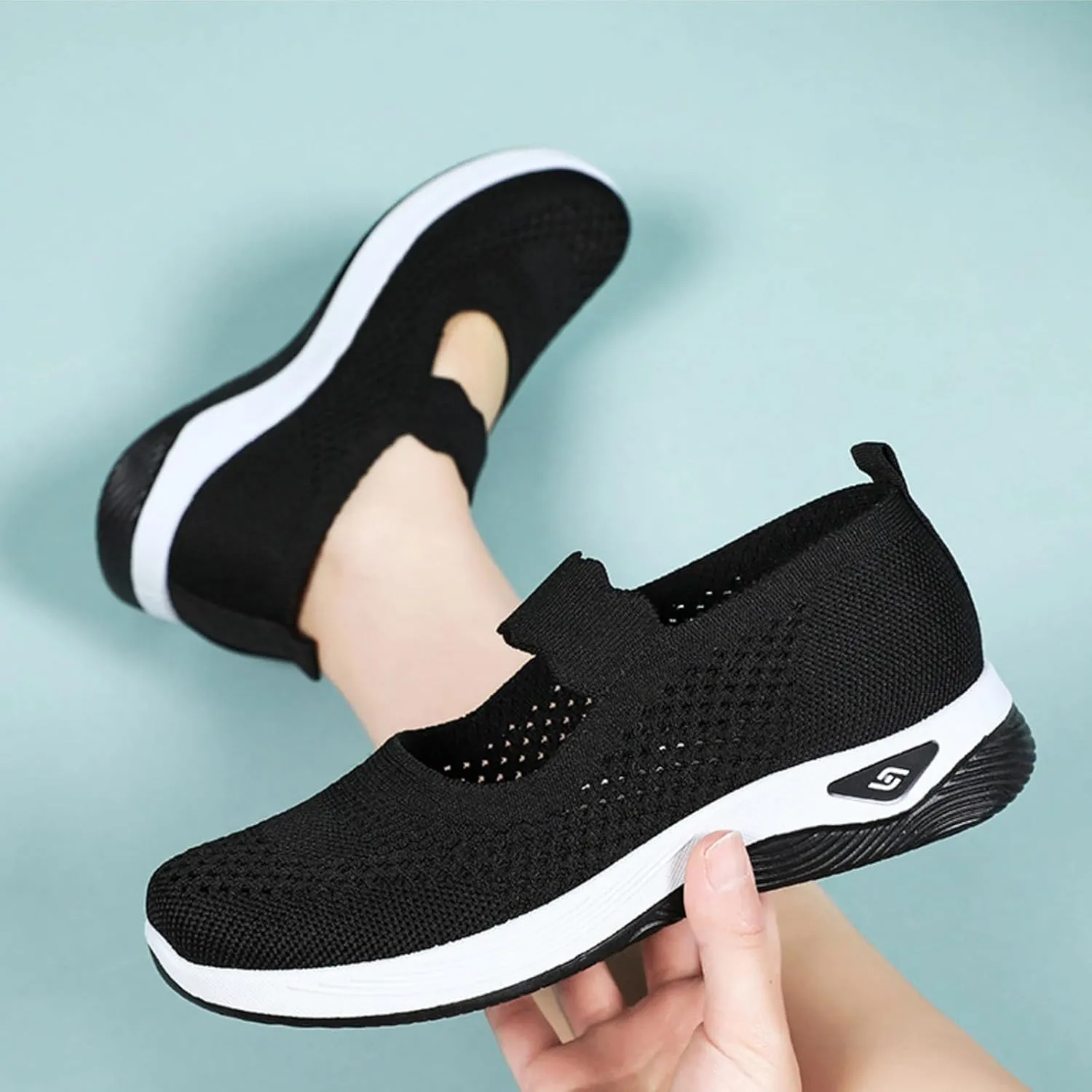 Women's Woven Orthopedic Sneakers Summer Breathable Mesh Hollow Out Soft Sole Walking Shoes Casual Lightweight Slip on Sneakers Comfortable Nurse Flats with Arch Support