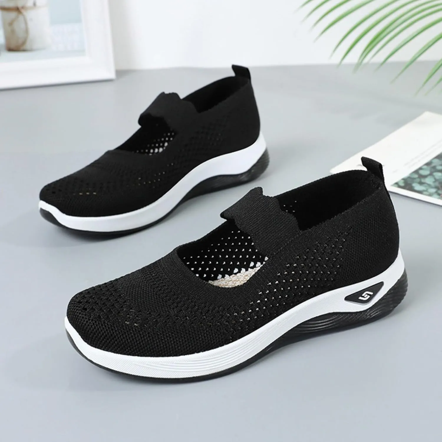 Women's Woven Orthopedic Sneakers Summer Breathable Mesh Hollow Out Soft Sole Walking Shoes Casual Lightweight Slip on Sneakers Comfortable Nurse Flats with Arch Support