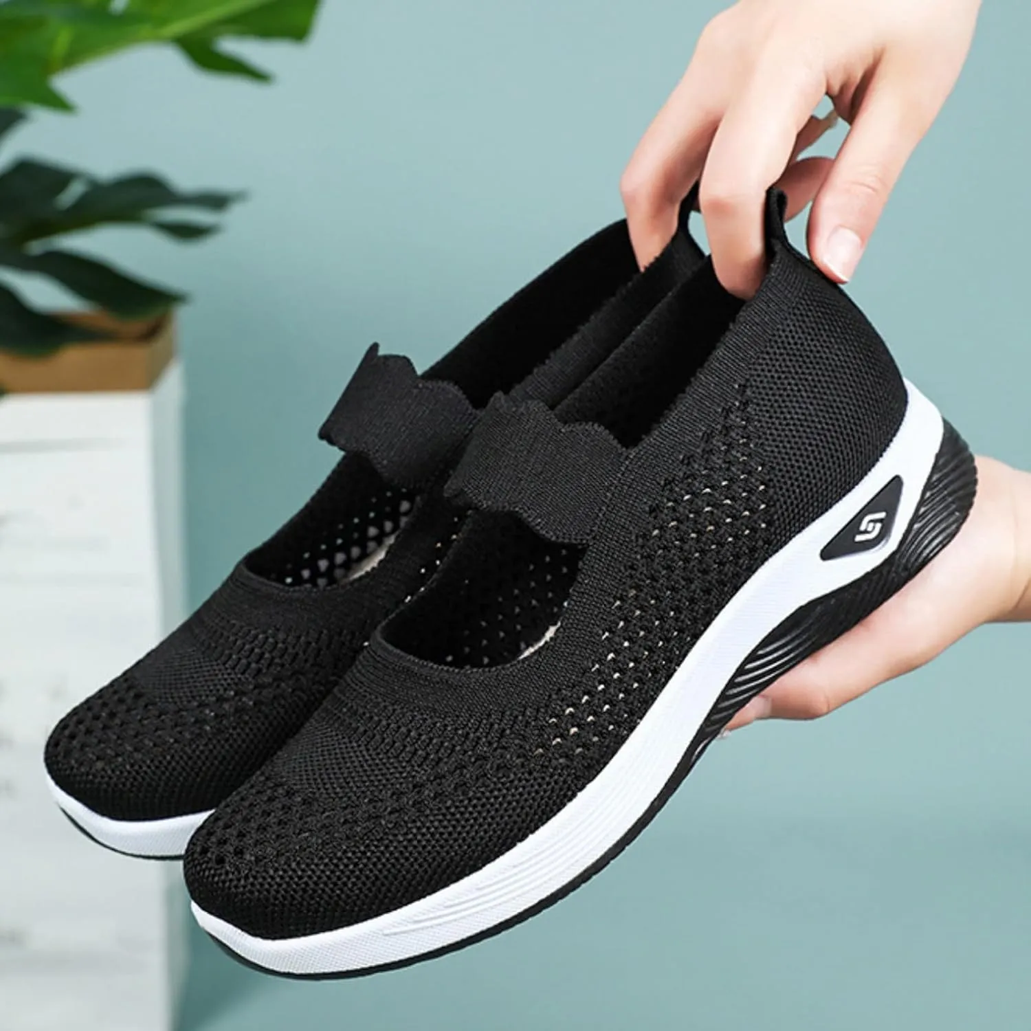 Women's Woven Orthopedic Sneakers Summer Breathable Mesh Hollow Out Soft Sole Walking Shoes Casual Lightweight Slip on Sneakers Comfortable Nurse Flats with Arch Support