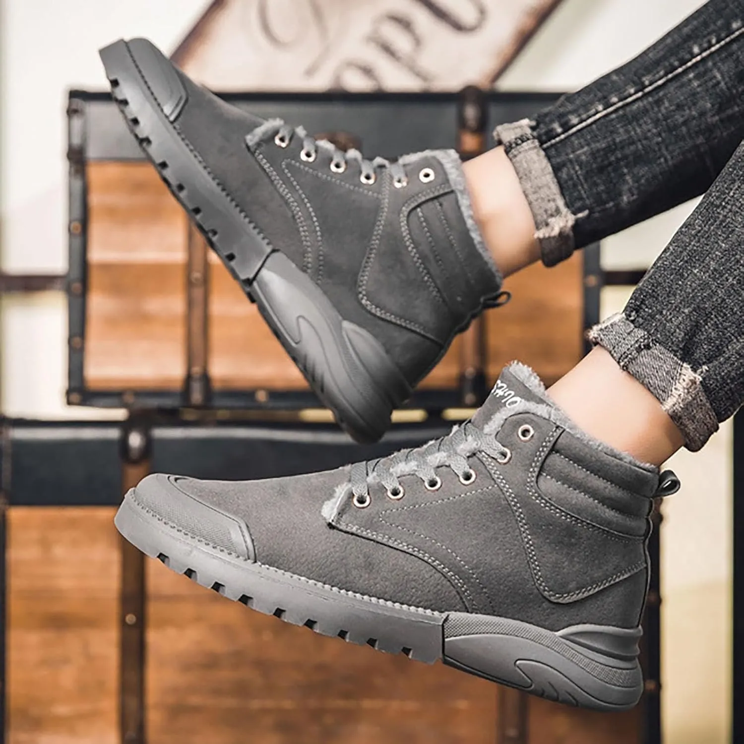 Work Boots for Men Cowboy Style Hiking Sneakers Warm Fur Lined Women Safety Toe Shoes with Zipper Outdoor Botas Waterproof Soft Toe Work Hike Grounded Footwear